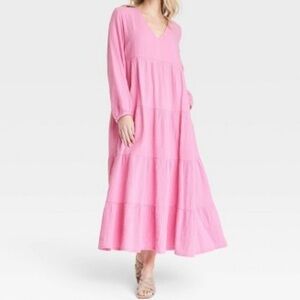 Women's Bell Long Sleeve Tiered Gauze Maxi Midi Dress - Universal Thread Pink XS